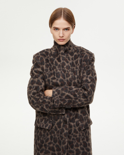 Пальто однобортное из шерсти с леопардовым принтом
